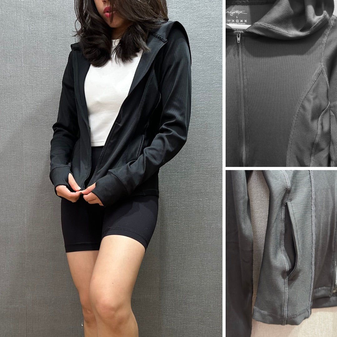 Jacket Olahraga Wanita Lengan Panjang (RBX08 SLIM-RIBBED BLACK JACKET)