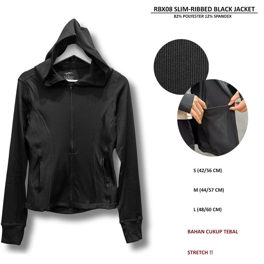 Jacket Olahraga Wanita Lengan Panjang (RBX08 SLIM-RIBBED BLACK JACKET)