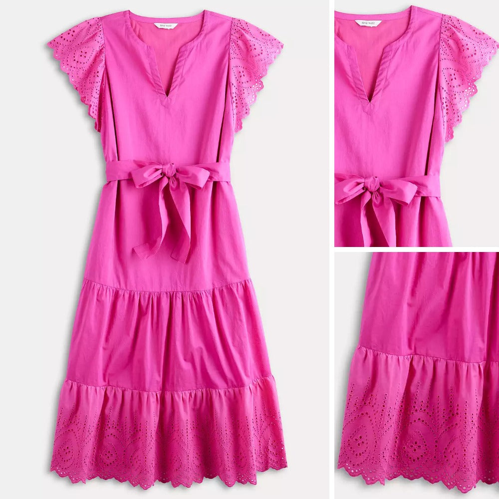 Dress Midi Wanita Lengan Pendek (NW26 EYELET MIDI-FUSCHIA DRESS)