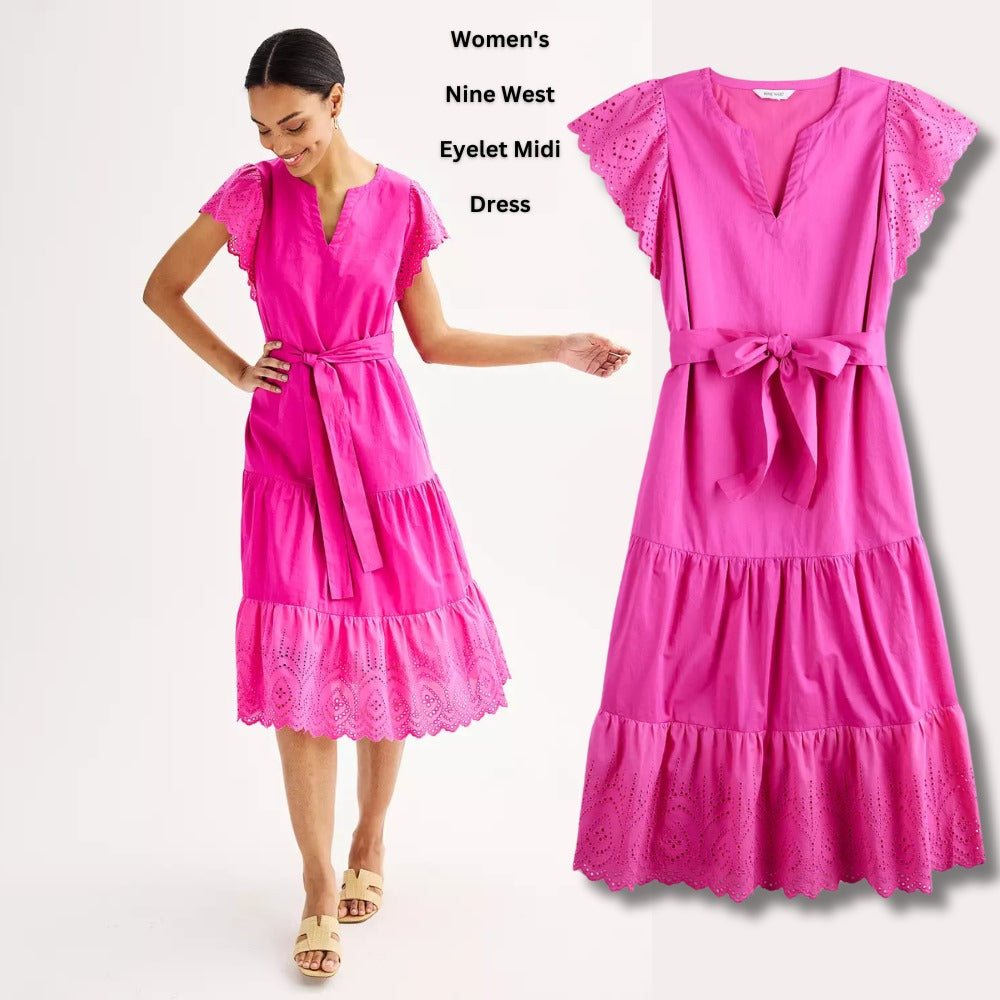 Dress Midi Wanita Lengan Pendek (NW26 EYELET MIDI-FUSCHIA DRESS)