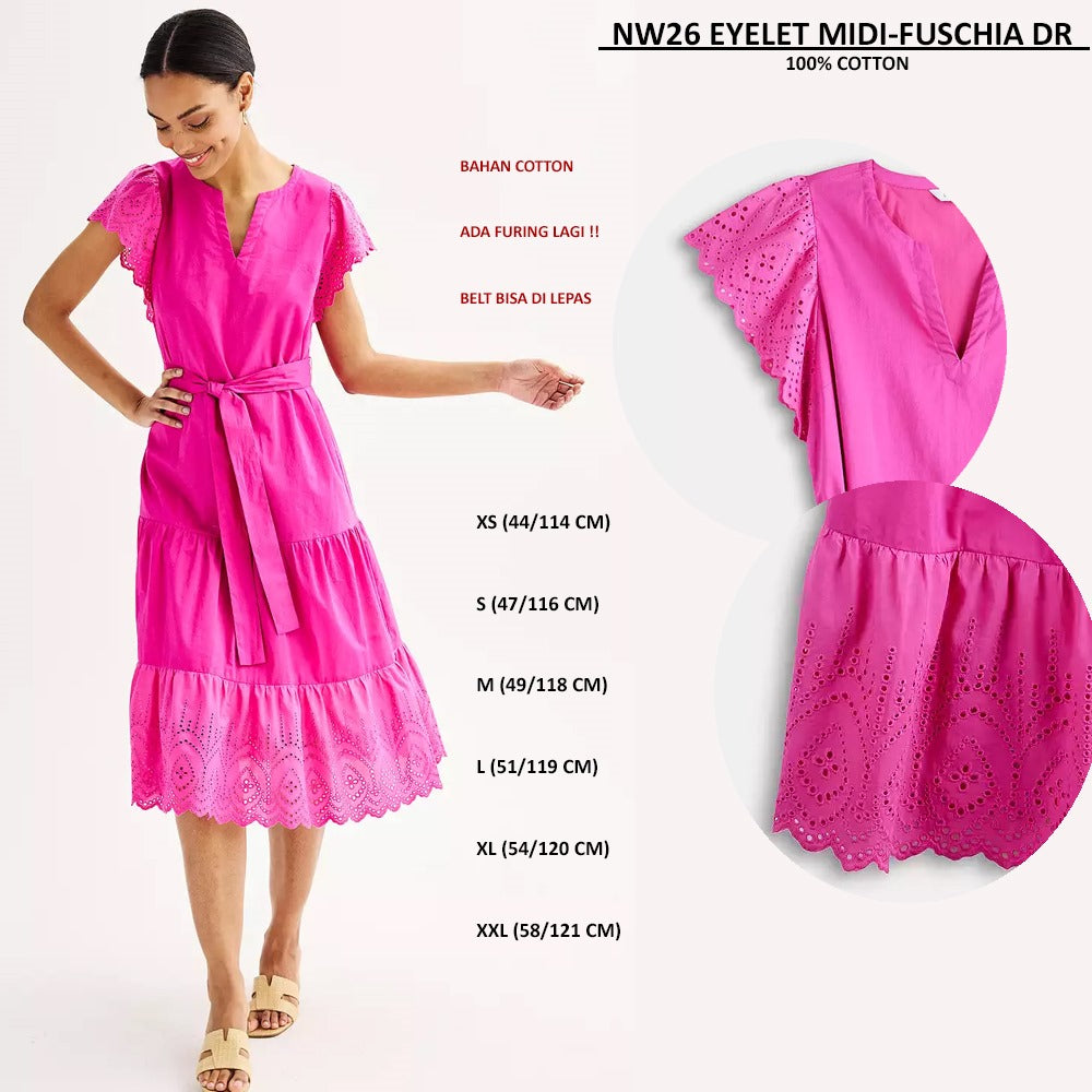 Dress Midi Wanita Lengan Pendek (NW26 EYELET MIDI-FUSCHIA DRESS)