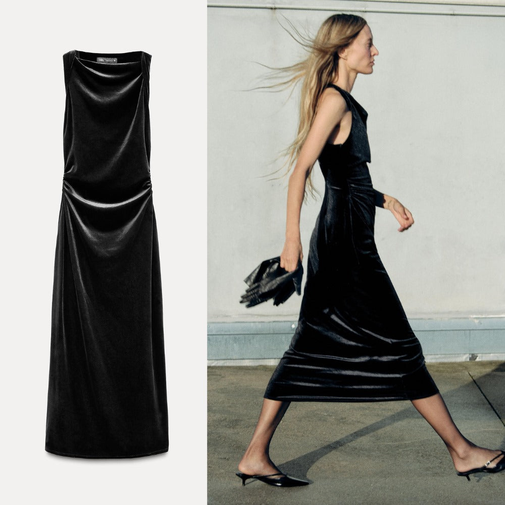 Dress Midi Bodycon Wanita Tanpa Lengan (ZR59 VELVET-BLACK DR)