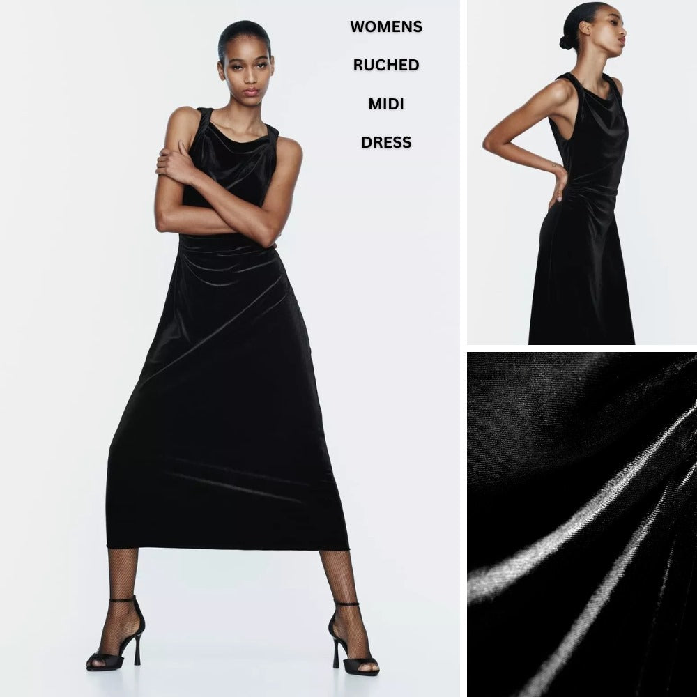 Dress Midi Bodycon Wanita Tanpa Lengan (ZR59 VELVET-BLACK DR)