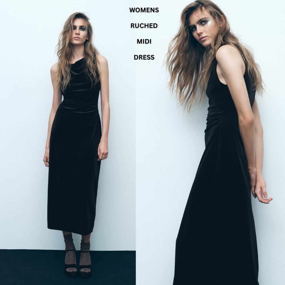 Dress Midi Bodycon Wanita Tanpa Lengan (ZR59 VELVET-BLACK DR)