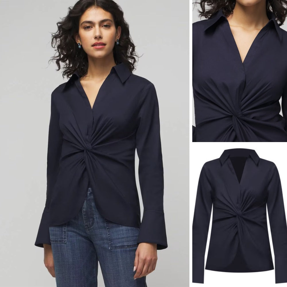 Atasan Blouse Wanita Lengan Panjang (WHBM04 TWIST NAVY POPLIN)