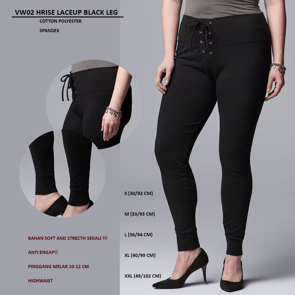 Celana Legging Panjang Wanita Stretch (VW02 HRISE LACEUP BLACK LEG)