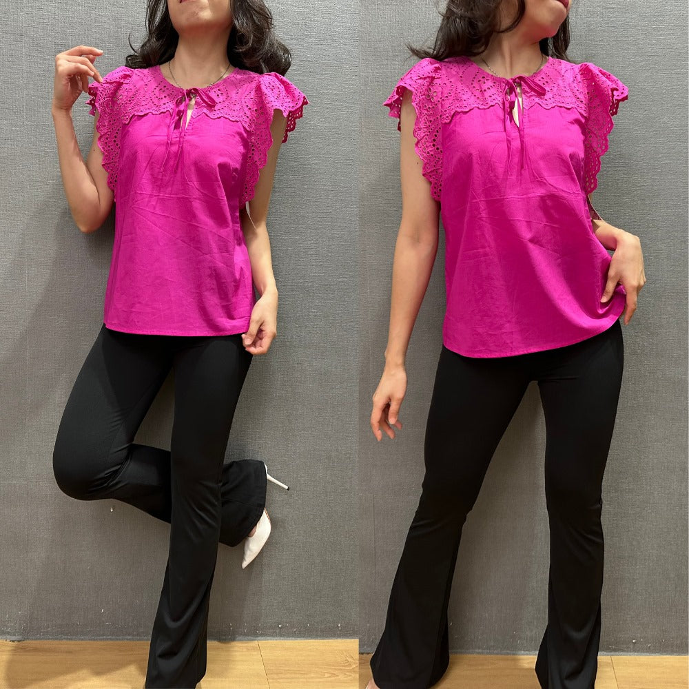 Atasan Blouse Wanita Lengan Pendek (NW27 EYELET FLUT-FUSCHIA TOP)