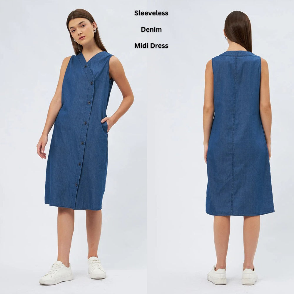 Dress Midi Wanita Tanpa Lengan (ETC01 SLEEVELEES DENIM DRESS)
