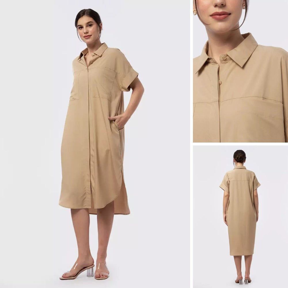 Dress Midi Wanita Lengan pendek Stertch (ETC02 MIDI SHIRT DRESS)