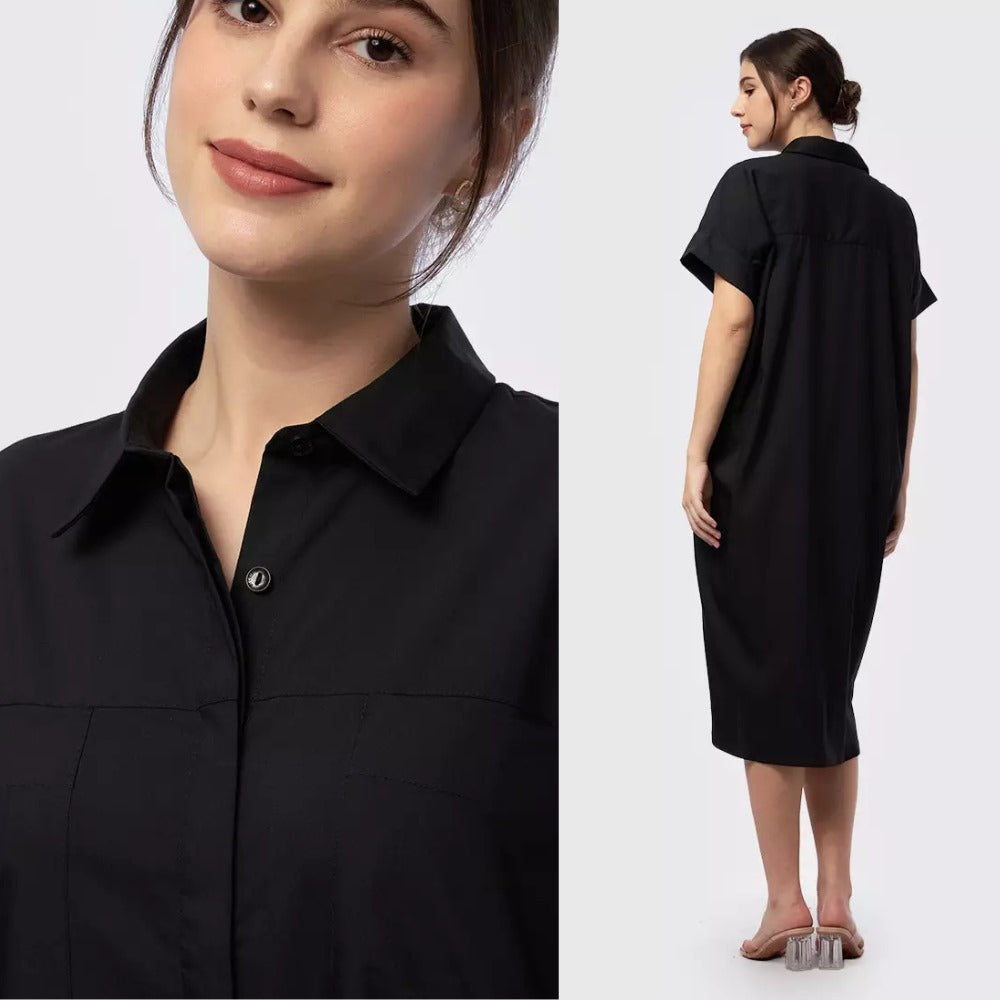 Dress Midi Wanita Lengan pendek Stertch (ETC02 MIDI SHIRT DRESS)