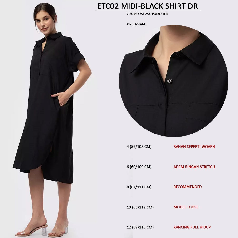Dress Midi Wanita Lengan pendek Stertch (ETC02 MIDI SHIRT DRESS)
