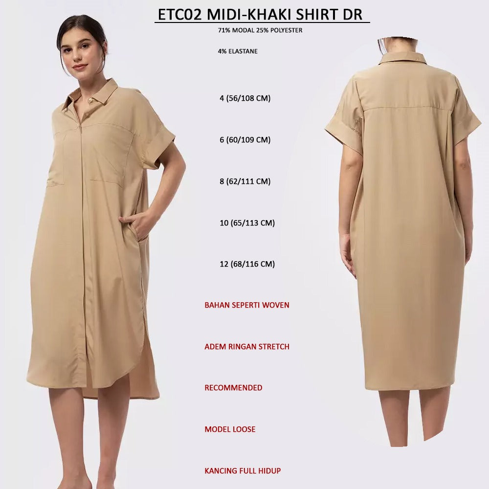 Dress Midi Wanita Lengan pendek Stertch (ETC02 MIDI SHIRT DRESS)
