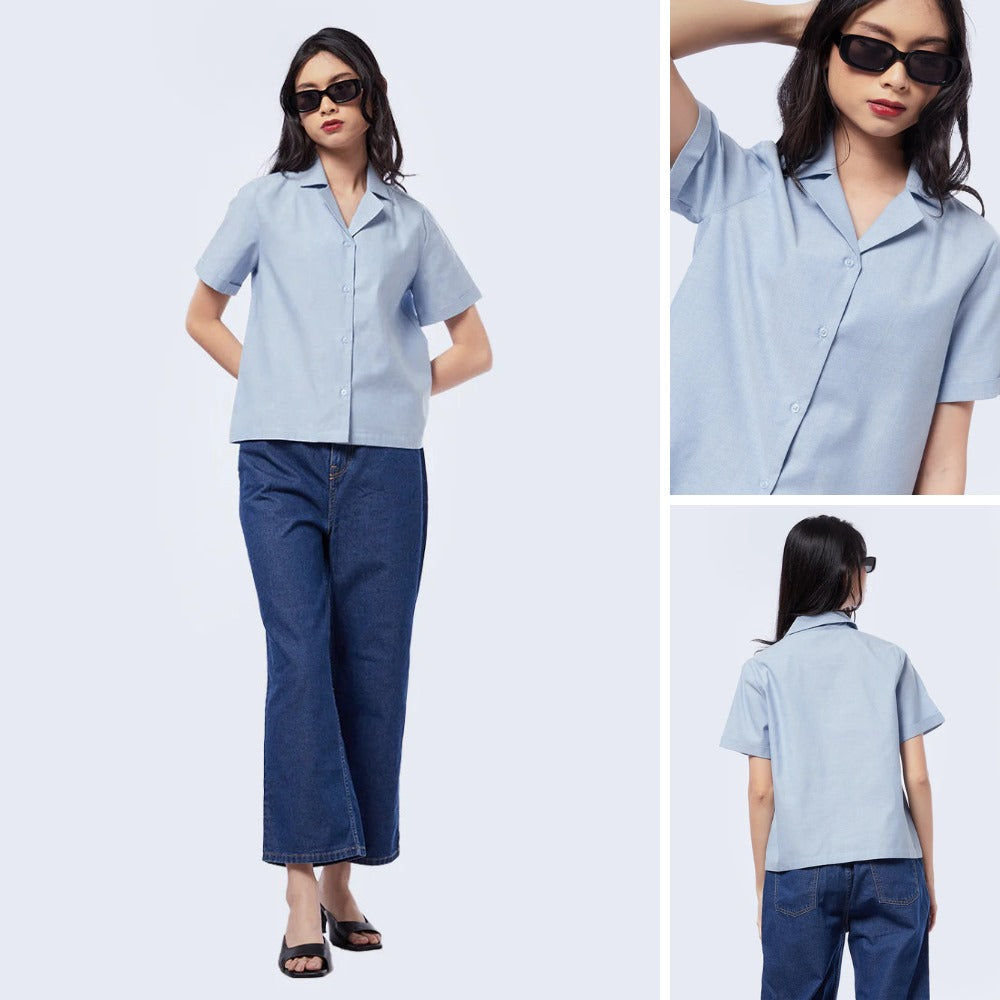 Blouse Wanita Lengan Pendek Cotton Oxford (EXC07 NOTCH BLOUSE)
