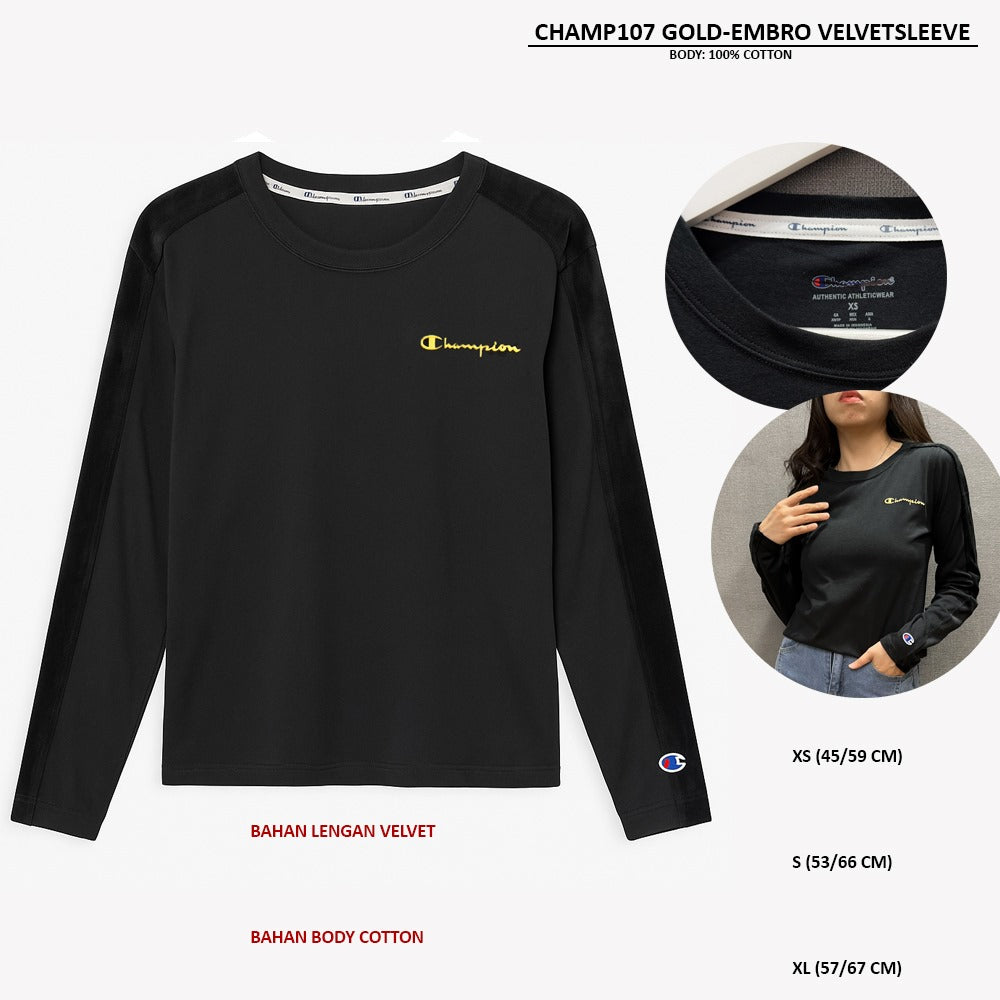 Kaos Wanita Lengan Panjang (CHAMP107 GOLD-EMBRO VELVETSLEEVE)