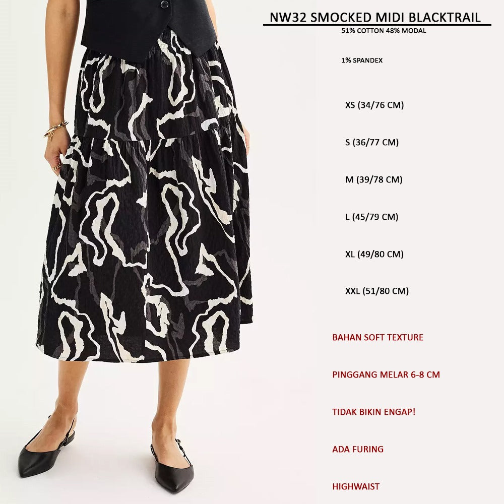 Rok Midi Wanita Soft Texture (NW32 SMOCKED MIDI BLACKTRAIL)