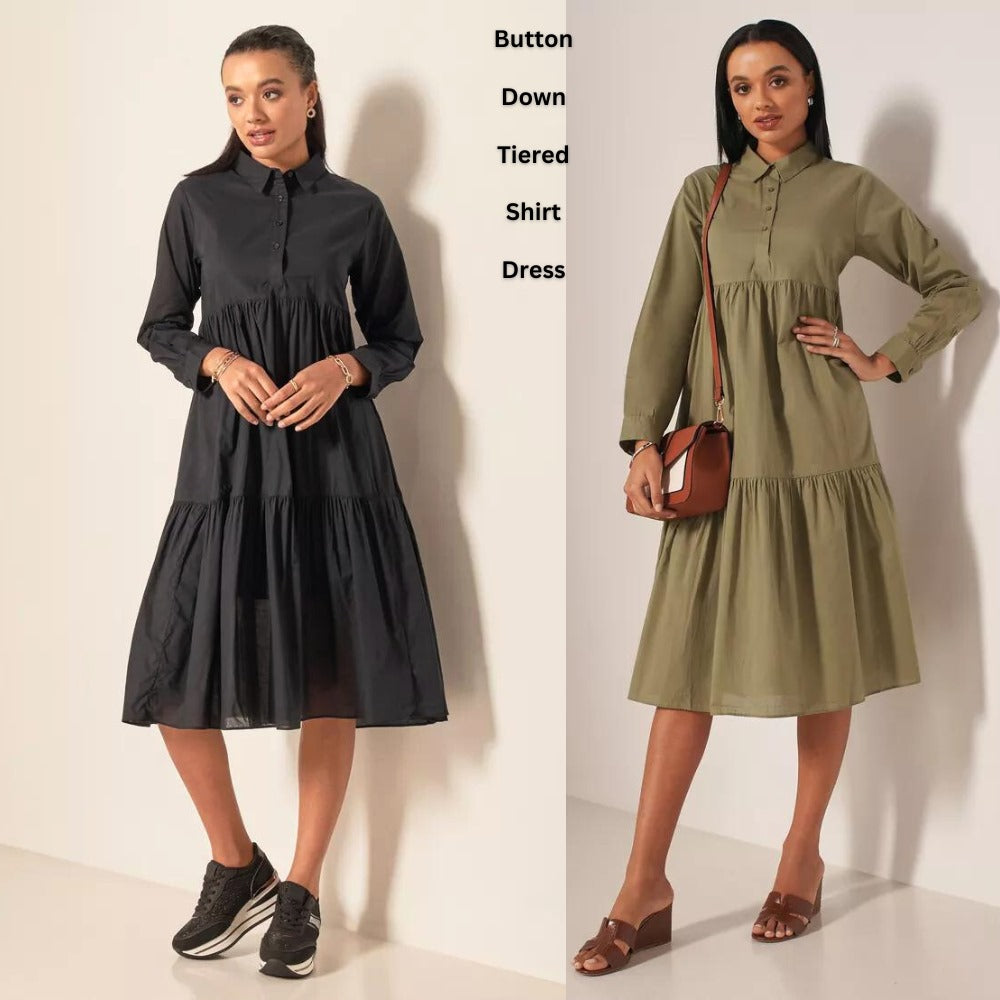 Dress Midi Wanita Lengan Panjang Soft Cotton (SPL32 TIERED MIDI DRESS)