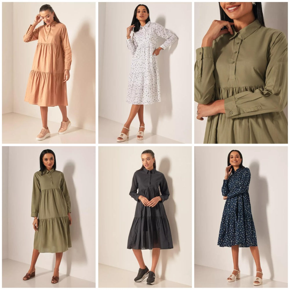Dress Midi Wanita Lengan Panjang Soft Cotton (SPL32 TIERED MIDI DRESS)