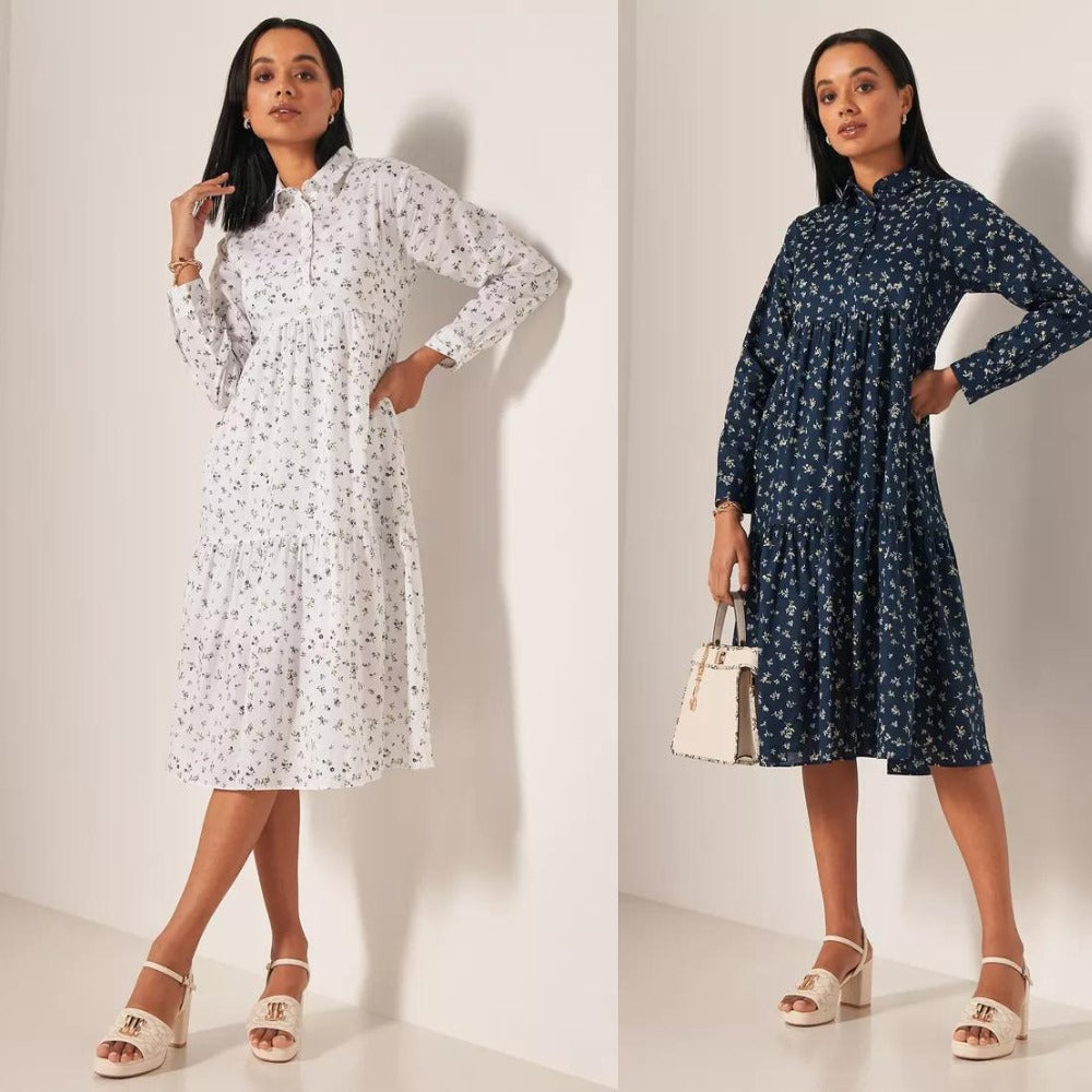 Dress Midi Wanita Lengan Panjang Soft Cotton (SPL32 TIERED MIDI DRESS)