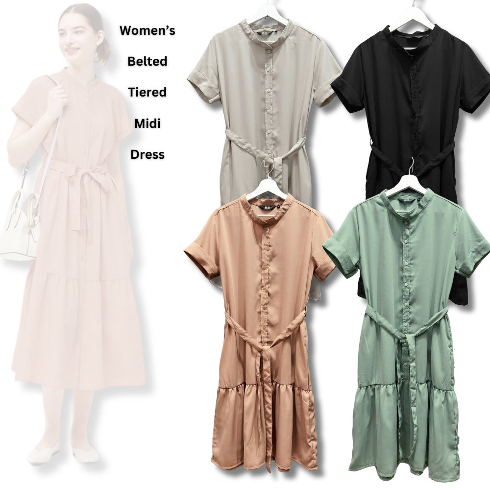 Dress Midi Wanita Lengan Pendek Chiffon (UNQ402 BELT TIERED DR)