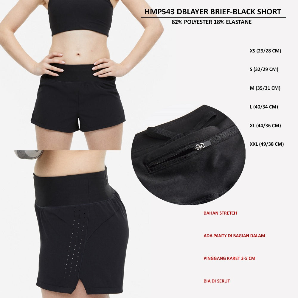 Celana Pendek Olahraga Wanita Stretch (HMP543 DBLAYER BLACK SHORT)