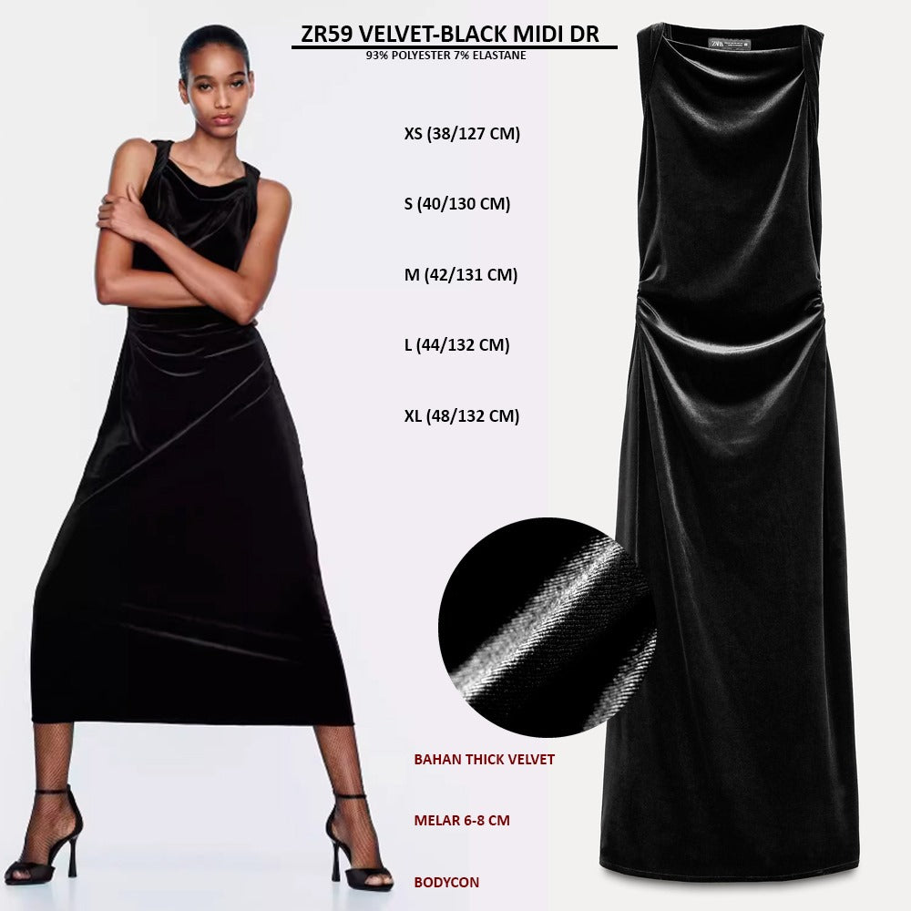 Dress Midi Bodycon Wanita Tanpa Lengan (ZR59 VELVET-BLACK DR)