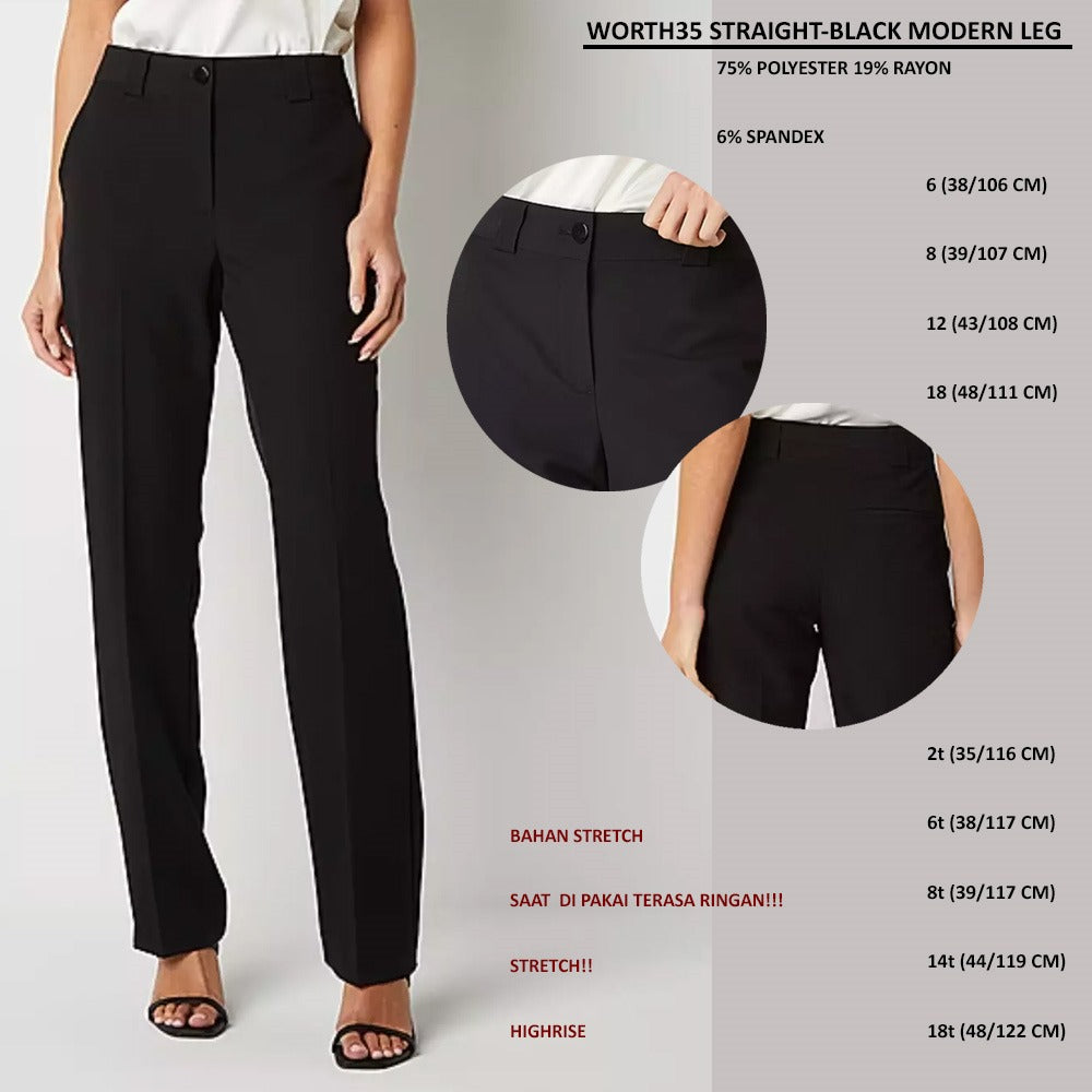 Celana Panjang Wanita Highrise Stretch (WORTH35 STRAIGHT-BLACK MODERN LEG)