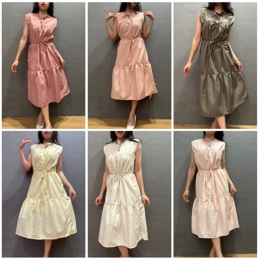 Dress Midi Wanita Tanpa Lengan Soft Cotton (UNQ407 BELT TIERED DR)