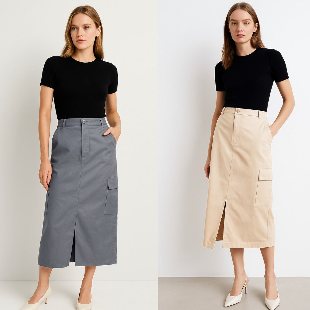 Rok Rampel Wanita Cotton Stretch Highrise (ZR51 CARGO MIDI SKIRT)