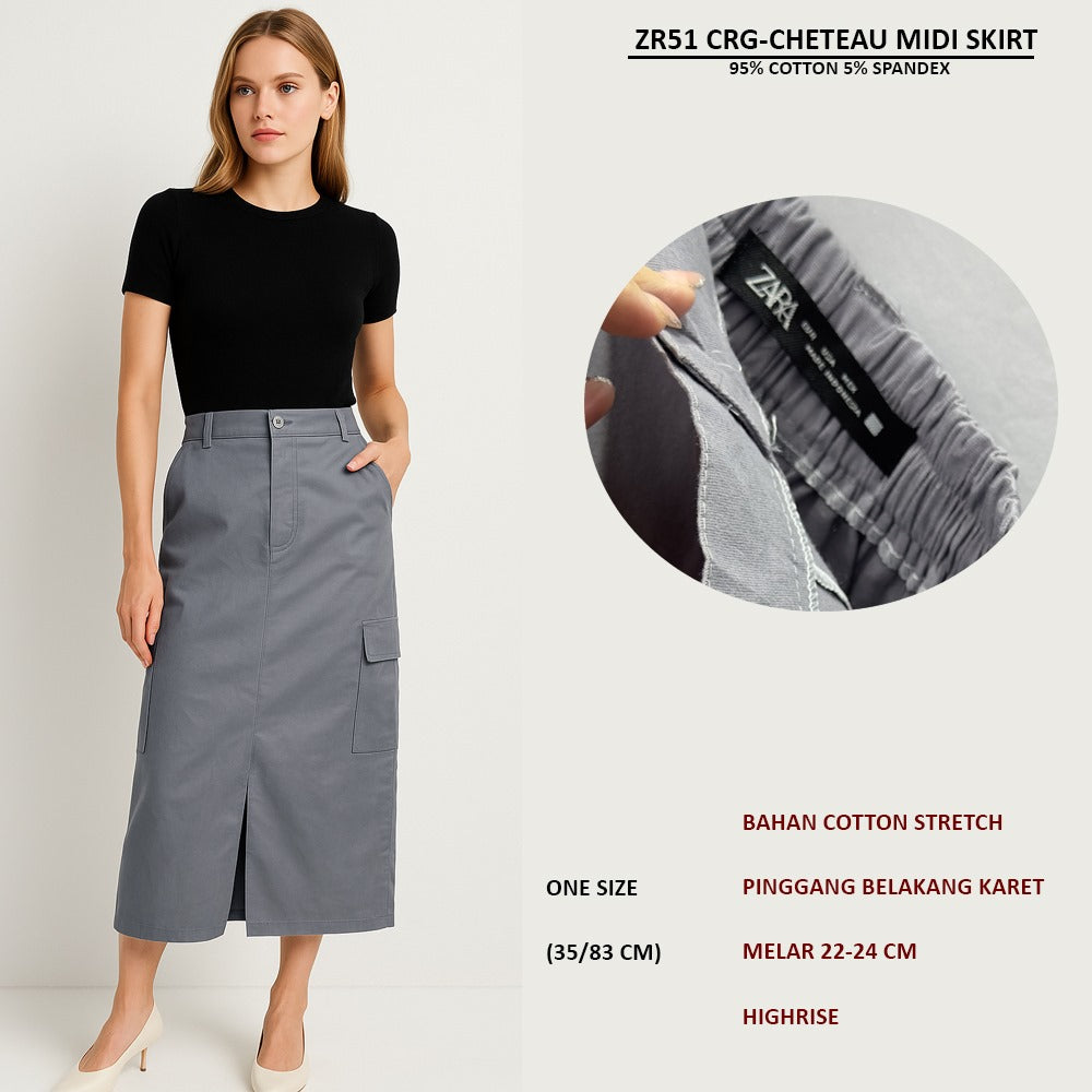 Rok Rampel Wanita Cotton Stretch Highrise (ZR51 CARGO MIDI SKIRT)