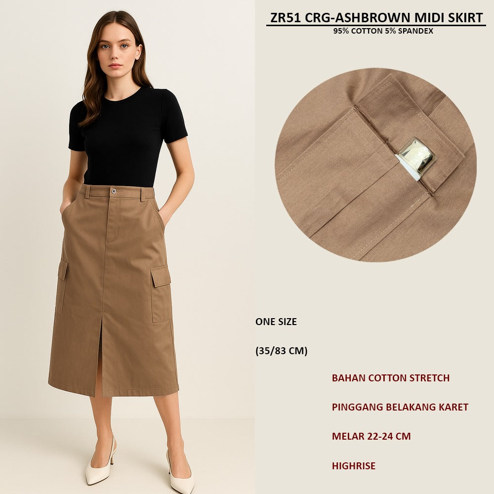 Rok Rampel Wanita Cotton Stretch Highrise (ZR51 CARGO MIDI SKIRT)
