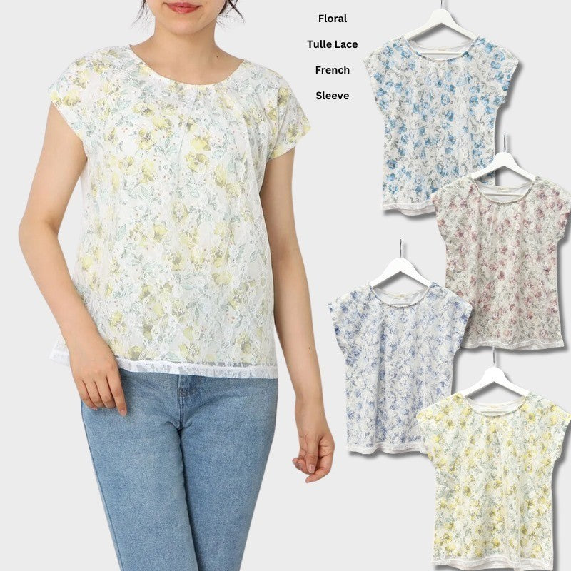 Atasan Kaos Wanita Lengan Pendek (JPN44 TULLE LACE TOP)