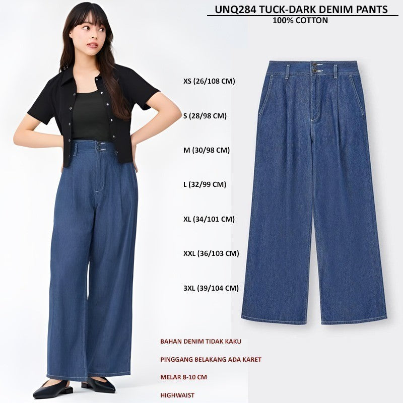 Celana Kulot Wanita Denim Highwaist (UNQ284 TUCK DENIM PANTS)