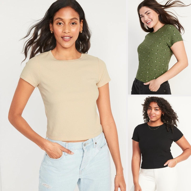 Atasan Kaos crop Wanita Lengan Pendek (ODN561 RIBKNIT CROP TOP)