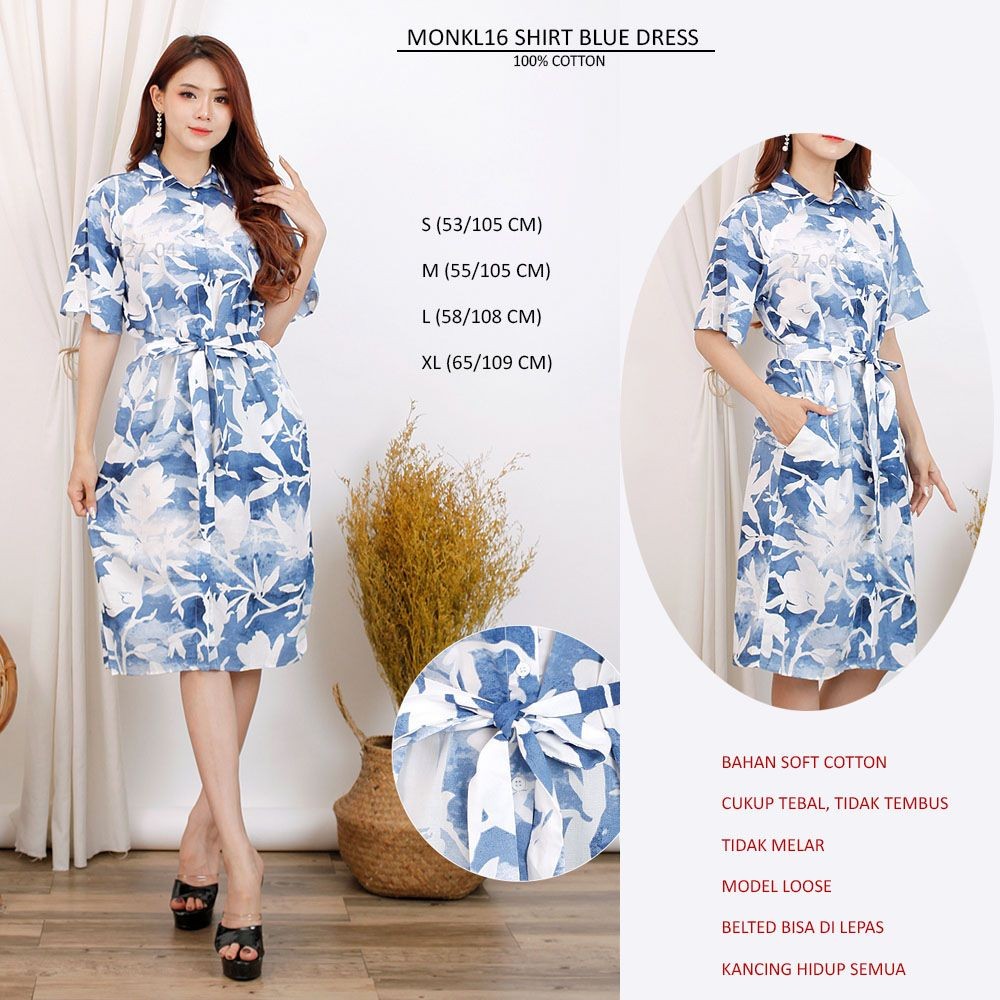 Dress Midi Casual Wanita Lengan Panjang (MONKL16 SHIRT DRESS)