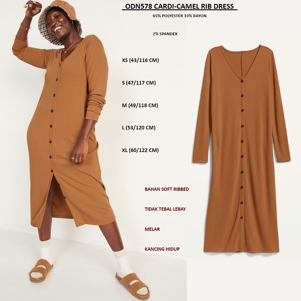 Dress Kasual Wanita Lengan panjang (ODN578 CARDI RIB DRESS)