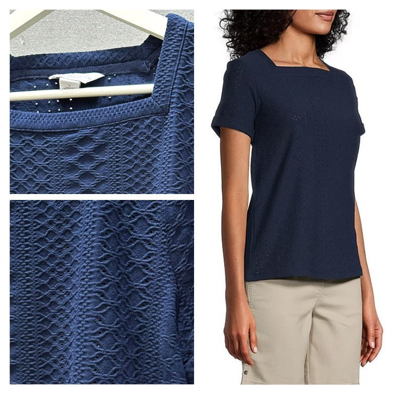 Kaos Polos Wanita Lengan Pendek Bahan Jacquard (LIZ20 JACQ SQ-NAVY TOP)