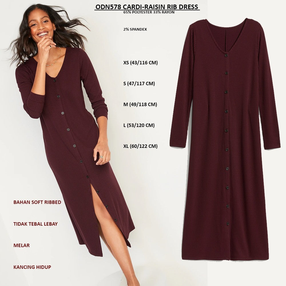 Dress Kasual Wanita Lengan panjang (ODN578 CARDI RIB DRESS)