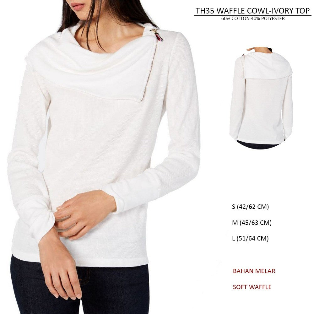 Atasan Kaos Wanita Kerah Tinggi Lengan Panjang (TH36 WAFFLE TOP)