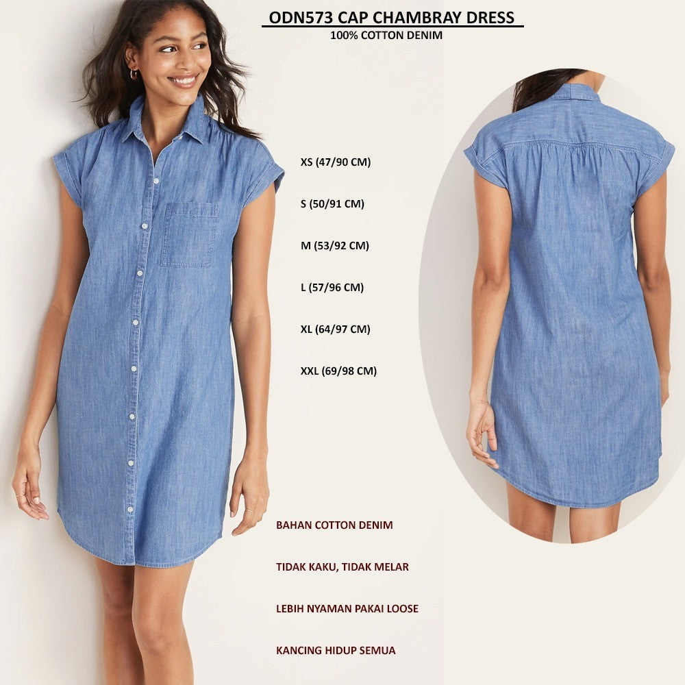 Dress Casual Denim Wanita Lengan Pendek (ODN573 CAP CHAMBRAY DRESS)
