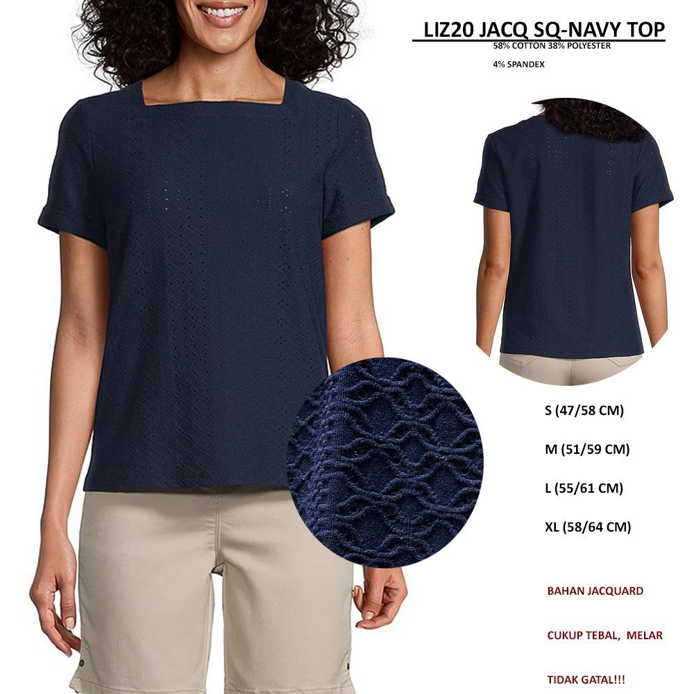 Kaos Polos Wanita Lengan Pendek Bahan Jacquard (LIZ20 JACQ SQ-NAVY TOP)