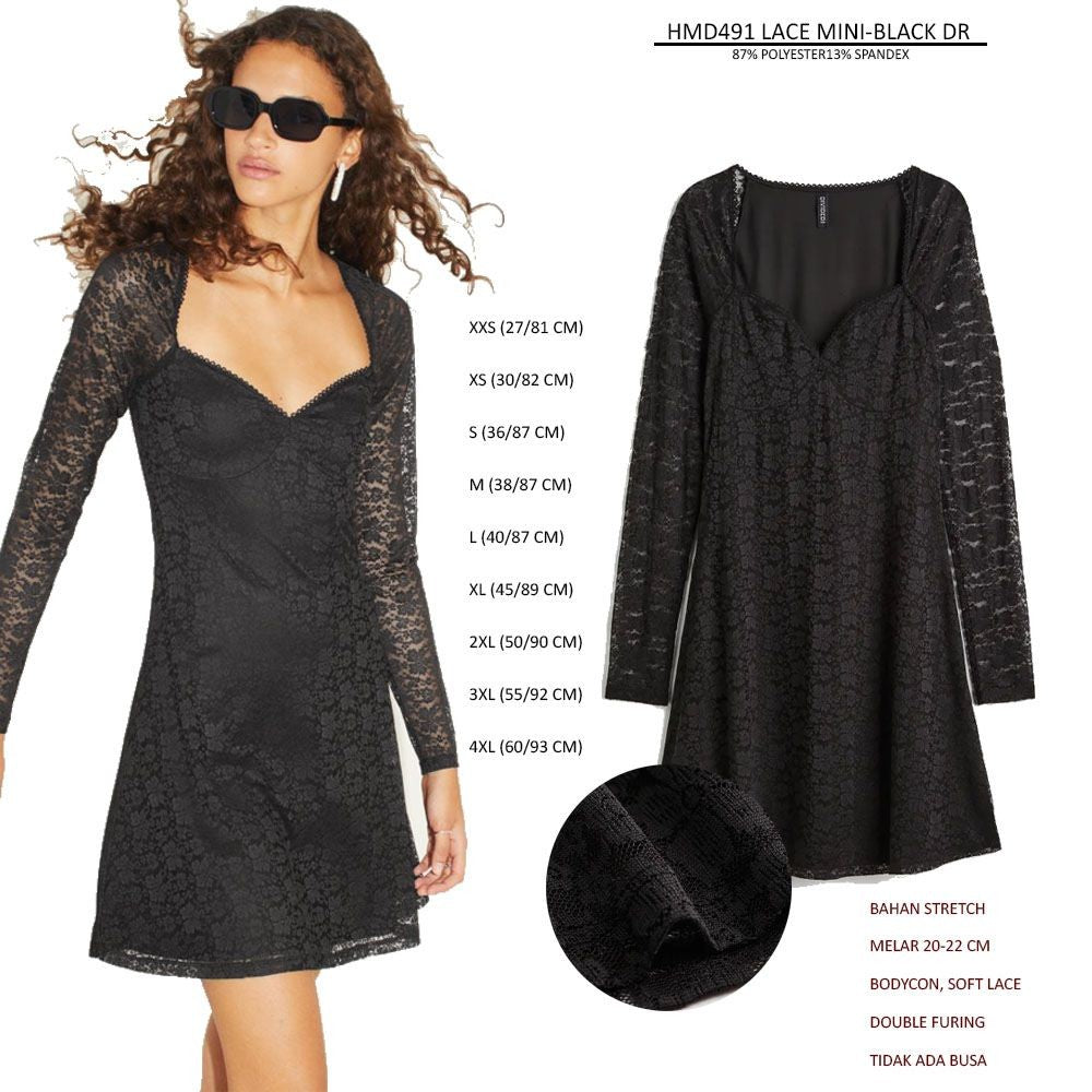Dress Mini Casual Wanita Lengan Panjang Stretch (HMD491 LACE BLACK DR)