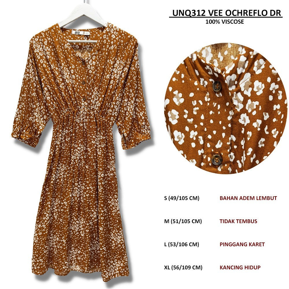 Dress Midi Casual Wanita Lengan Panjang Floral Spandex (UNQ312