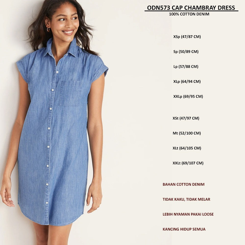Dress Casual Denim Wanita Lengan Pendek (ODN573 CAP CHAMBRAY DRESS)
