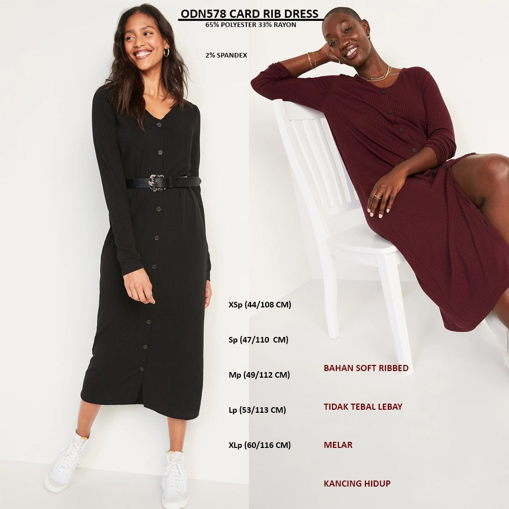 Dress Kasual Wanita Lengan panjang (ODN578 CARDI RIB DRESS)