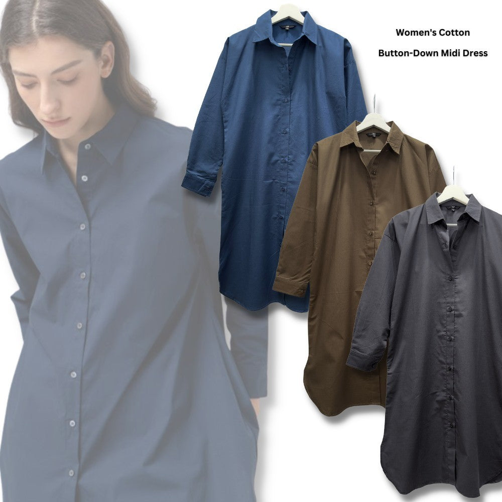 Dress Midi Wanita Casual Lengan Panjang (HMD519 COLLAR BUTTON DRESS)