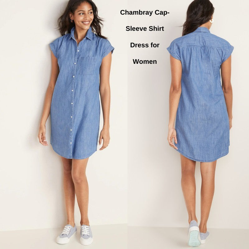 Dress Casual Denim Wanita Lengan Pendek (ODN573 CAP CHAMBRAY DRESS)