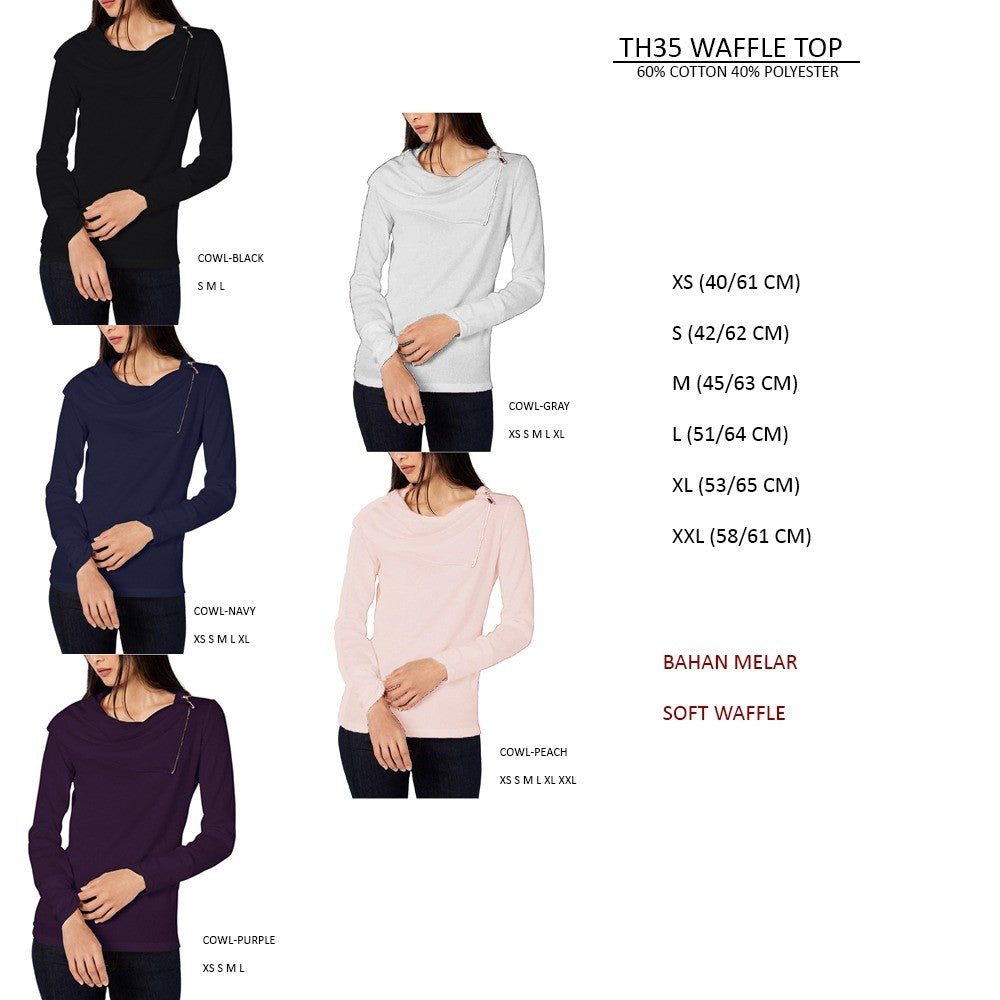 Atasan Kaos Wanita Kerah Tinggi Lengan Panjang (TH36 WAFFLE TOP)