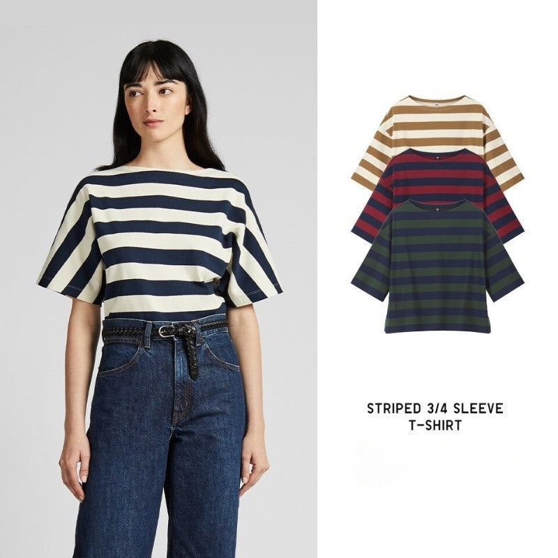 Atasan Kaos Wanita Lengan Pendek Oversized (UNQ338 BORDER OVSZED TOP)