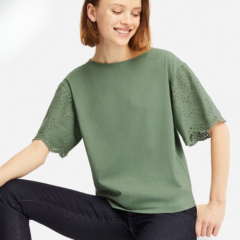 Atasan Kaos Wanita Lengan Pendek Soft Cotton (UNQ345 EYELET TOP)