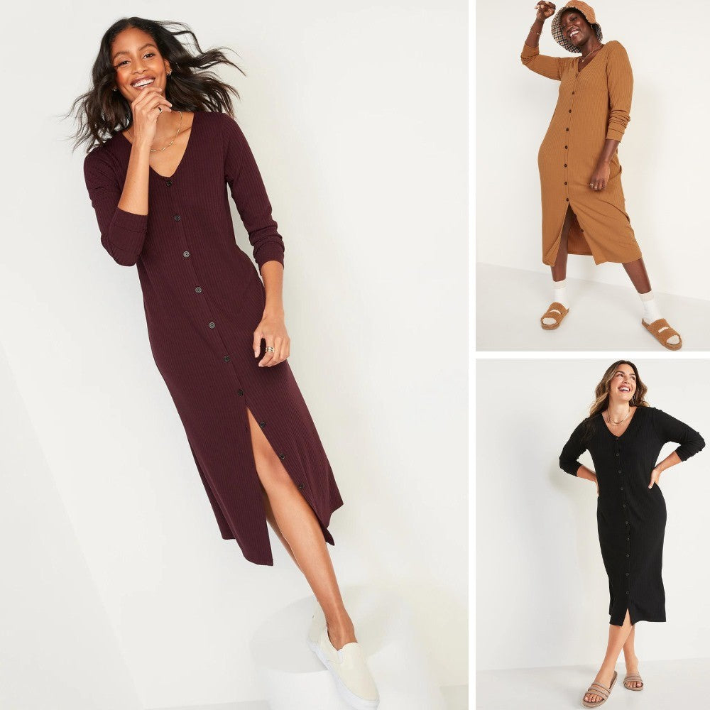 Dress Kasual Wanita Lengan panjang (ODN578 CARDI RIB DRESS)